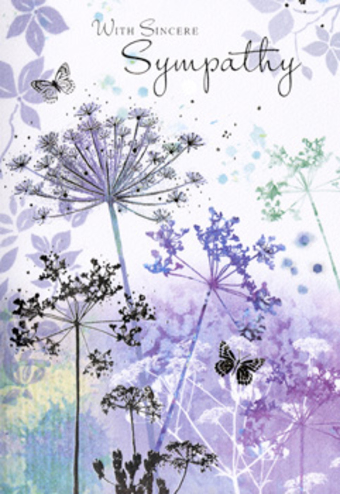 There is a quiet, meditative beauty to this sympathy card, reminiscent of pausing on a still path between Aldershot and the surrounding countryside as the daylight softens. The central illustration is composed of tall, spidery wildflower stems, their fine lines rising in graceful arcs from the base of the card. At their tips, umbelliferous clusters of tiny florets fan out into delicate crowns of light, painted in layered hues of dusty violet, lavender, and soft blue. Gentle strokes of sage and silvery green wind through the lower stems and feathery leaves, adding a hint of earthiness beneath the cool, soothing tones. The background is rendered in soft-focus watercolour, a blend of pale lilac, powder blue, and faint grey, like distant hedgerows blurred by morning mist. Two butterflies hover above the flowers, their wings barely outlined in translucent grey-blue and soft mauve, capturing a sense of movement so subtle that it feels almost like a breath. The light within the composition is evenly diffused, bathing every line in a gentle glow and creating a sense of space where sorrow can be acknowledged without feeling overwhelmed. The overall effect is one of compassionate stillness, as if nature itself is offering a moment of rest. Imagining this card being chosen in Aldershot, perhaps to accompany a modest spray or hand-tied sympathy bouquet, it feels like more than just paper and ink. It becomes a quiet companion to your words, reflecting the same care and thought that goes into selecting the right funeral flowers for a family in need of comfort.