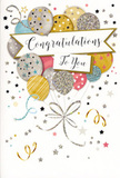 In this image, a sophisticated congratulations card is shown, its design built around a whimsical bouquet of illustrated balloons that immediately evokes the feeling of a party in Aldershot's quiet residential streets. The balloons cluster together in the middle, floating upward with an effortless sense of lift, as if they are gently tugging on unseen strings of hope and happiness. Their colours form a soft yet celebratory palette: brushed gold, shining silver, creamy champagne, clear sky blue, rosy pink, and subtle grey. Each balloon features a different pattern-tiny twinkling stars, slender vertical stripes, or an all-over glitter effect that adds a textured sparkle you can almost feel beneath your fingertips. From the base of the cluster, narrow ribbons in gold and silver twist and cascade downward, crossing lightly over one another, just as real curling ribbons would fall from a hand holding them at a celebration in a local park. Stretching across the centre, a neatly curved banner carries the words Congratulations To You in elegant, looping calligraphy, giving the impression of a heartfelt message tailored especially for the recipient. The pale background is dusted with small stars, scattered confetti dots, and languid swirls that enhance the sense of movement and festivity without drawing attention away from the balloons and banner. Overall, the composition feels light, joyful, and polished, perfect for recognising achievements like exam success, a new job, or a promotion in Aldershot. This is the sort of card a florist might tuck into a bouquet, ensuring that the recipient not only sees the celebration in flowers but also feels it in written words and shimmering details.