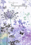 This sympathy card reads visually like a soft-spoken verse, its design echoing the quiet backstreets of Aldershot when the day is drawing to a close. Rising from the bottom edge are elegant silhouettes of wildflowers, their stems long and slender, each supporting a cluster of umbelliferous blossoms that look almost weightless. The flowers are shaded in harmonious tones of lavender, indigo, and pale blue, gently blended with hints of silvered green that run through the fine foliage. Every bloom is delicately drawn, with edges that blur into the softly washed background, suggesting the gentle sway of petals in a barely-there breeze. Behind them, the card is bathed in cool, misty gradients of violet and blue-grey, like a distant field seen through evening haze beyond Aldershot's rooftops. Faint impressions of leaves and petals drift across this backdrop, adding depth while preserving the overall simplicity. Butterflies appear here and there, their wings translucent and lightly outlined in soft lilac, evoking themes of transformation, remembrance, and the subtle presence of those no longer with us. The palette is cool yet comforting, calming the eye and mind, much like standing quietly beside a loved one at a graveside service. Across this gentle scene, the words of condolence-whether 'With Sincere Sympathy' or a similar heartfelt message-would rest naturally, woven into the design rather than competing with it. It is the sort of card you might choose in Aldershot to accompany a modest, respectful funeral arrangement, offering solace that is understated and deeply considerate.